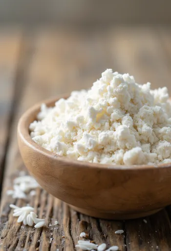 木製の表面にこぼれた、陶器のボウルに入った細かい米粉