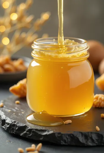 瓶に入った黄金色のライスシロップ（米水飴）、スプーンからとろりと垂れる様子