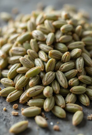 小さな袋に入った洗浄済みのライ麦粒と、木の表面に散らばった粒