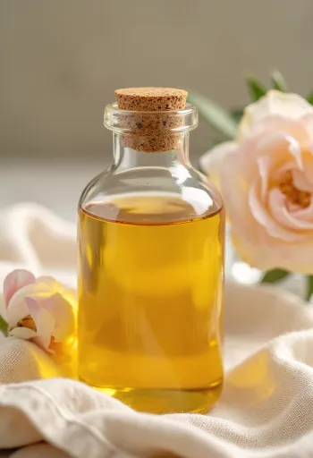 小さな遮光瓶に入ったローズオイル、周りに散りばめられたピンクのバラの花弁