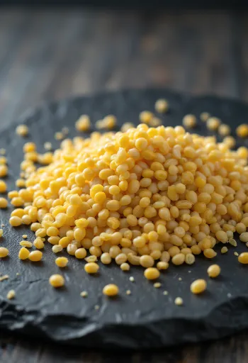 木製の表面にあるイエローとホワイトのマスタードシード（ホール）