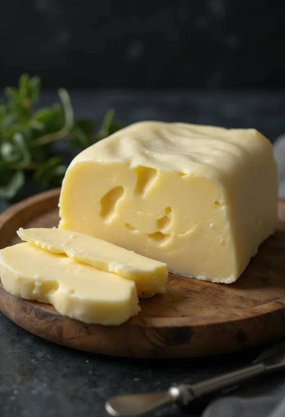 陶器のバターケースに入った濃い黄色の発酵バターと、添えられた発酵クリーム