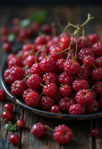 赤く熟した新鮮な五味子（ゴミシ）の実、いくつかは断面が見える