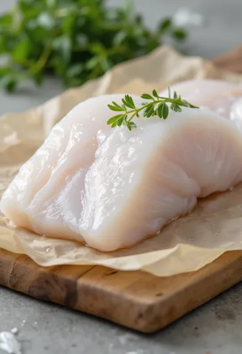 木製のまな板に載せられたシェリーフィッシュのフィレ、ハーブ添え