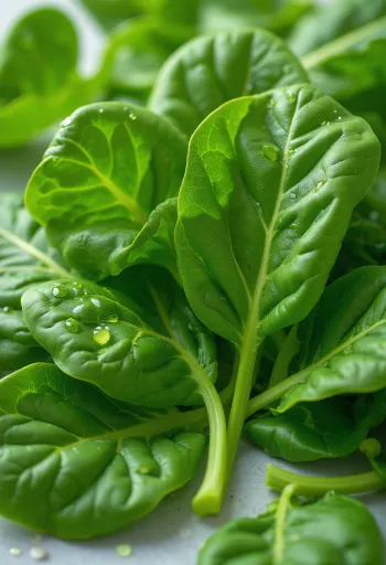 自然光の下、カッティングボードに置かれた新鮮なほうれん草の葉