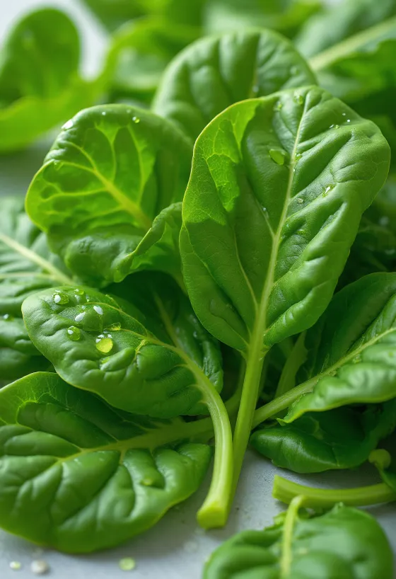 自然光の下、カッティングボードに置かれた新鮮なほうれん草の葉