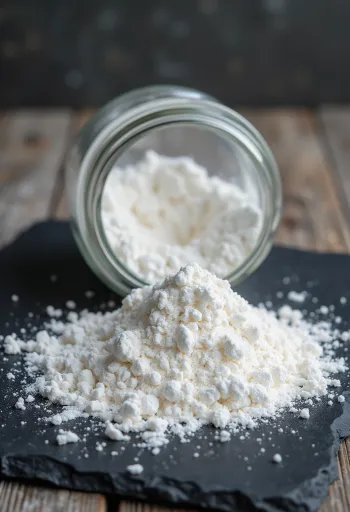 小皿に入った白いベーキングパウダーと木製の計量スプーン