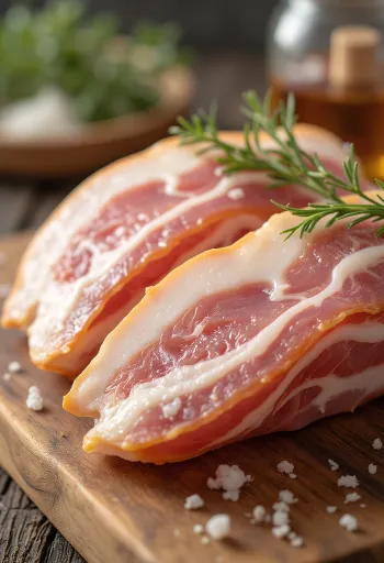 木製のカッティングボードに置かれたスライスベーコン、脂身と赤身の層が美しい