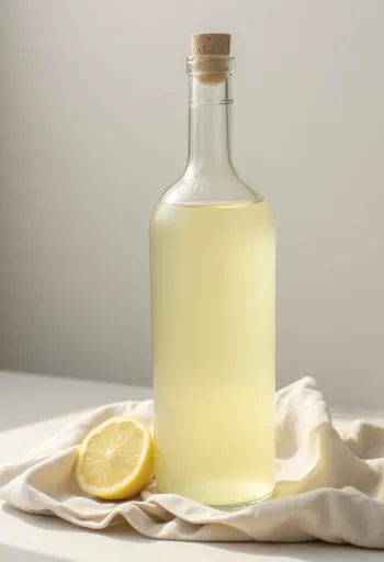 グラスに入った辛口白ワイン、周りに白ブドウとマスカット、ブドウ果汁、木樽