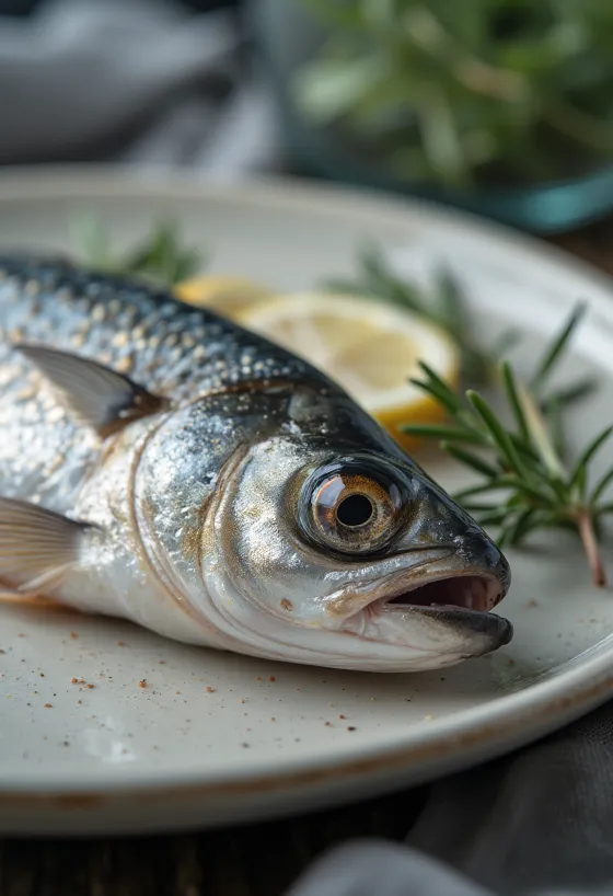 木製のカッティングボードに置かれた新鮮なイワシ、レモン、塩、パセリ添え