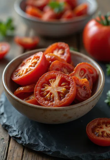 素朴な台の上のドライトマト、オリーブオイルとハーブ