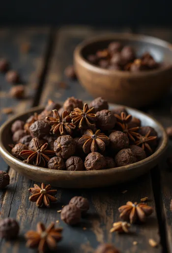 木製の器とテーブルに散らばる乾燥オールスパイス（ホール）