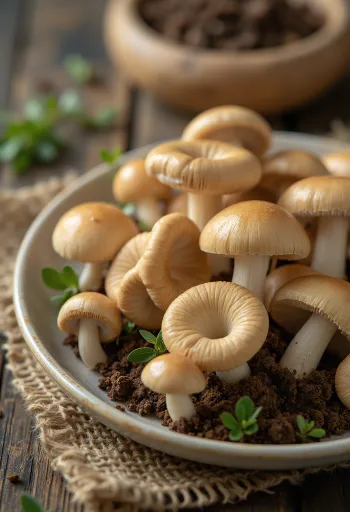 木製ボード上のスライスされたシバフタケとハーブ