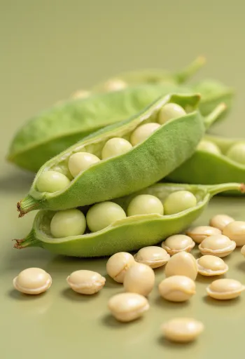 陶器のボウルに入った大豆と、テーブルに散らばった大豆、背景に枝豆