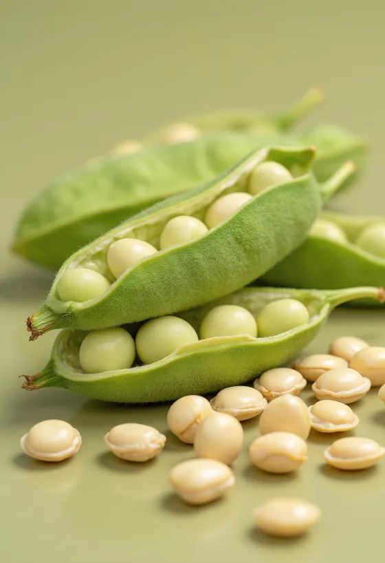 陶器のボウルに入った大豆と、テーブルに散らばった大豆、背景に枝豆