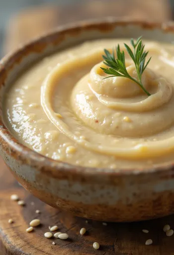 ボウルに入ったクリーミーなタヒニペースト、横にゴマ