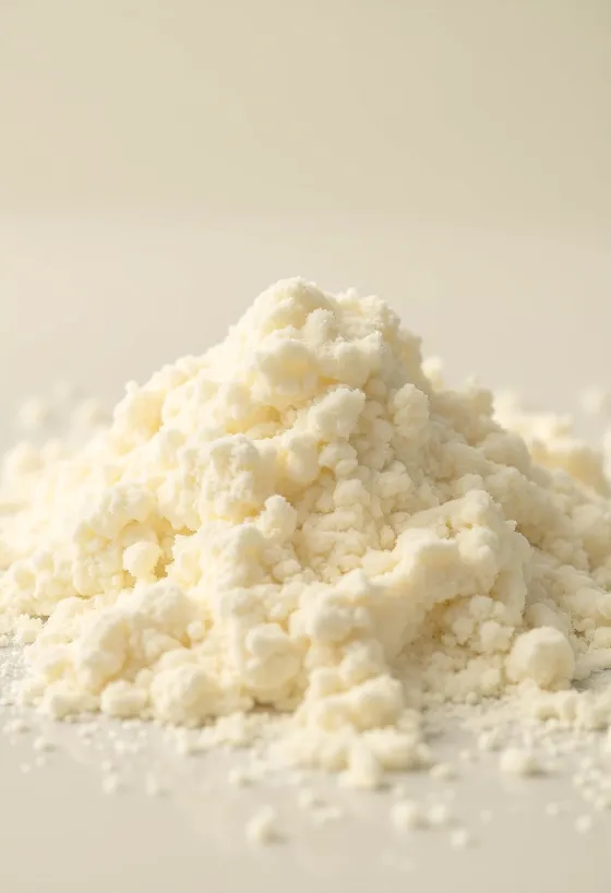 木製のボウルに入ったミルクパウダーと木のスプーン、素朴な背景