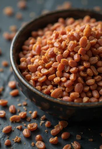 袋からこぼれたエンマー小麦の粒と、ボウルに入った粉、素朴な木の表面