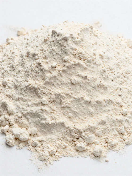 陶器のボウルに入ったスペルト小麦粉、自然な淡い茶色