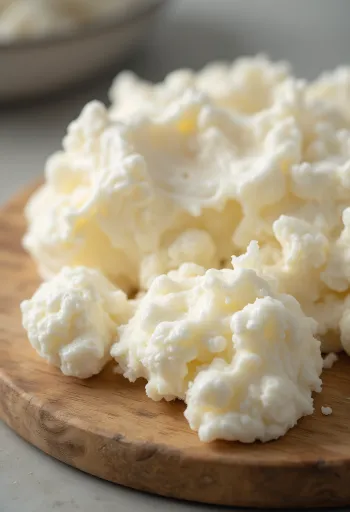 陶器のボウルに入った新鮮なカッテージチーズ、ポロポロとした質感