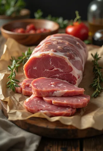 ハーブを添えた生の猪ロース肉のスライス、木製まな板の上