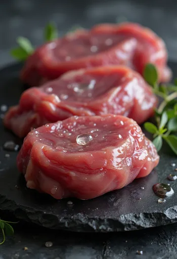 ハーブで味付けされた生の鴨胸肉とモモ肉、木製ボードの上