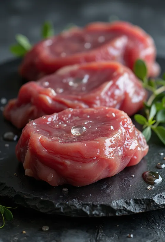 ハーブで味付けされた生の鴨胸肉とモモ肉、木製ボードの上