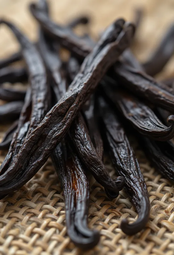 木製テーブル上の乾燥バニラビーンズ、自然な状態