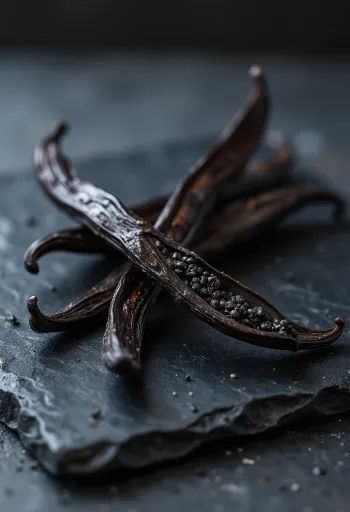 陶器の小皿と木製テーブル上の乾燥バニラビーンズ、自然な雰囲気