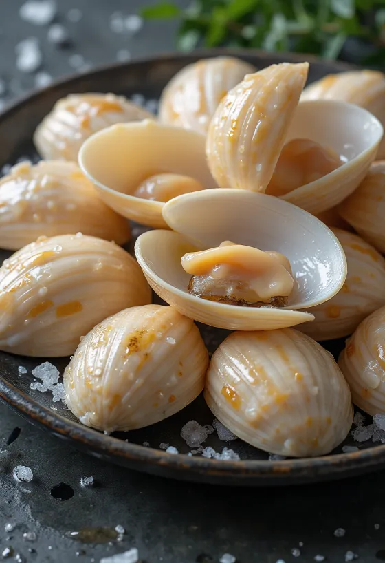 氷の上に盛り付けられた新鮮なビーナスクラムのむき身、レモン添え