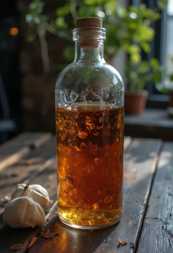 木製テーブル上の赤いベルモットのボトルとグラス、スパイスとオリーブ添え