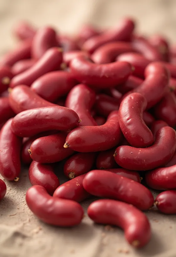 フォトリアリスティックなレッドキドニービーンズ、陶器のボウルと木製スプーン、ラスティックなテーブル