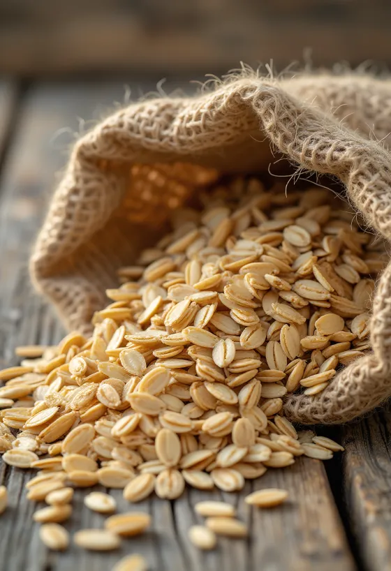 小さな袋に入った洗浄済みのオート麦の粒と、木製の表面に散らばった様子