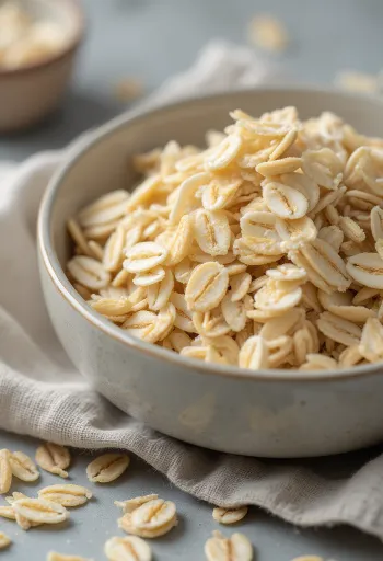 陶器のボウルに入った生のオートミール、木製の表面にこぼれている