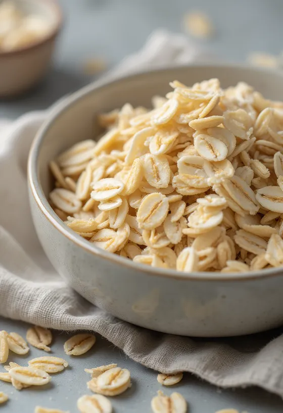 陶器のボウルに入った生のオートミール、木製の表面にこぼれている