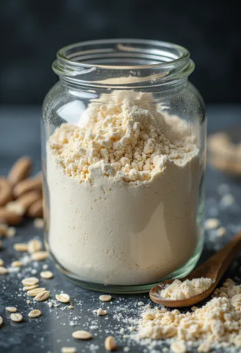 陶器のボウルに入ったきめ細かいオートフラワー、木製の表面に散らばっている