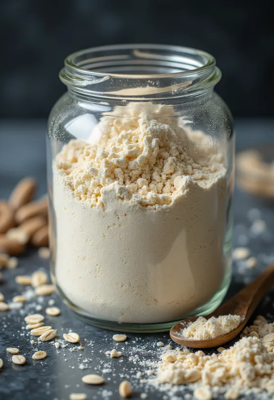 陶器のボウルに入ったきめ細かいオートフラワー、木製の表面に散らばっている