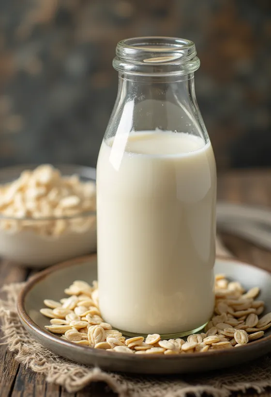 グラスに注がれるオーツミルク、背景にオーツ麦とボウル