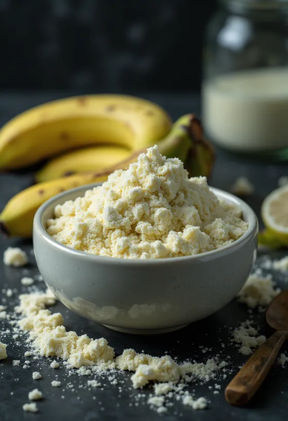 ボウルとスプーンに入ったグリーンバナナ粉、周囲に青いバナナ