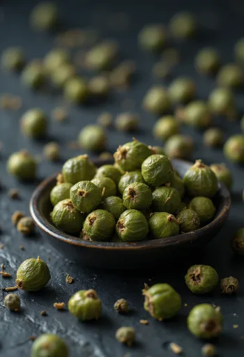 陶器の小皿に入った乾燥グリーンペッパー（ホール）