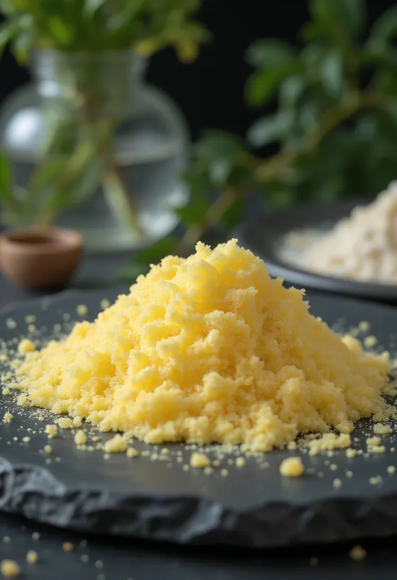 小鉢に入った粉ゼラチンと木製スプーン、シンプルな背景