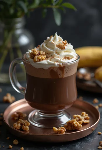 カップに入ったくるみとバナナのホットチョコレート