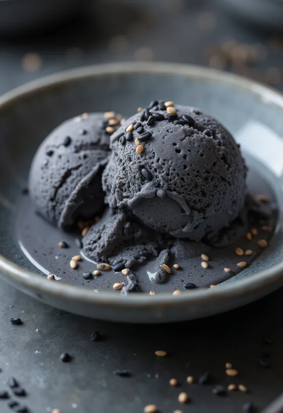 盛り付けられた黒ゴマアイスクリーム