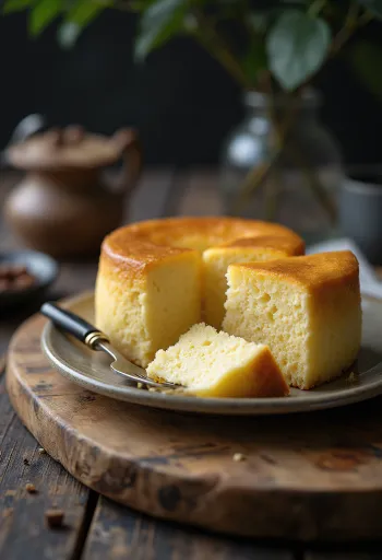 粉砂糖をまぶした、ふわふわで軽い日本のスフレチーズケーキ