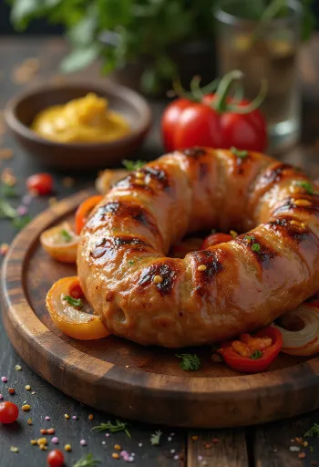 黄金色に焼いたソーセージ、パリッとした皮、新鮮なハーブ添え