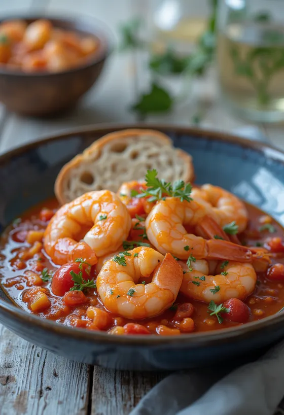 フレッシュハーブとカリカリのパンを添えたトマトと海老のソテー