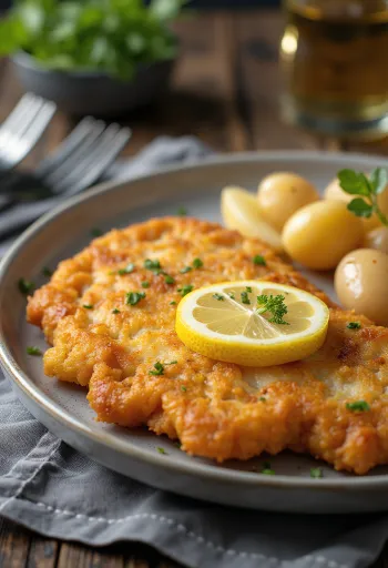 ポーク・シュニッツェル ジャガイモ添え、カリカリの豚肉とバター風味のジャガイモ