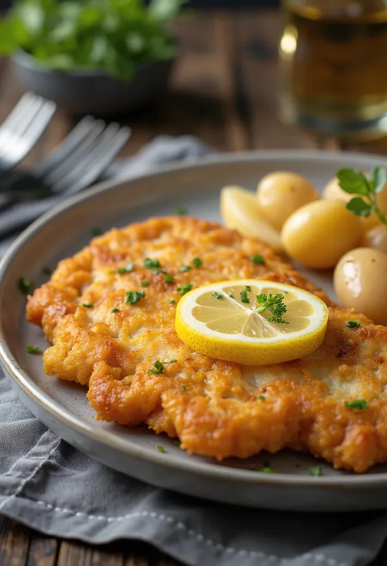 ポーク・シュニッツェル ジャガイモ添え、カリカリの豚肉とバター風味のジャガイモ