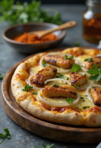 スパイシーなグリルチキンとコリアンダーを乗せたガーナ・スタイル・ピザ