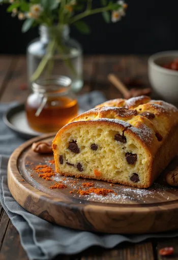 スライスされたチリ＆ハニー・シュトーレン、ダークチョコレートと粉砂糖がかかっている